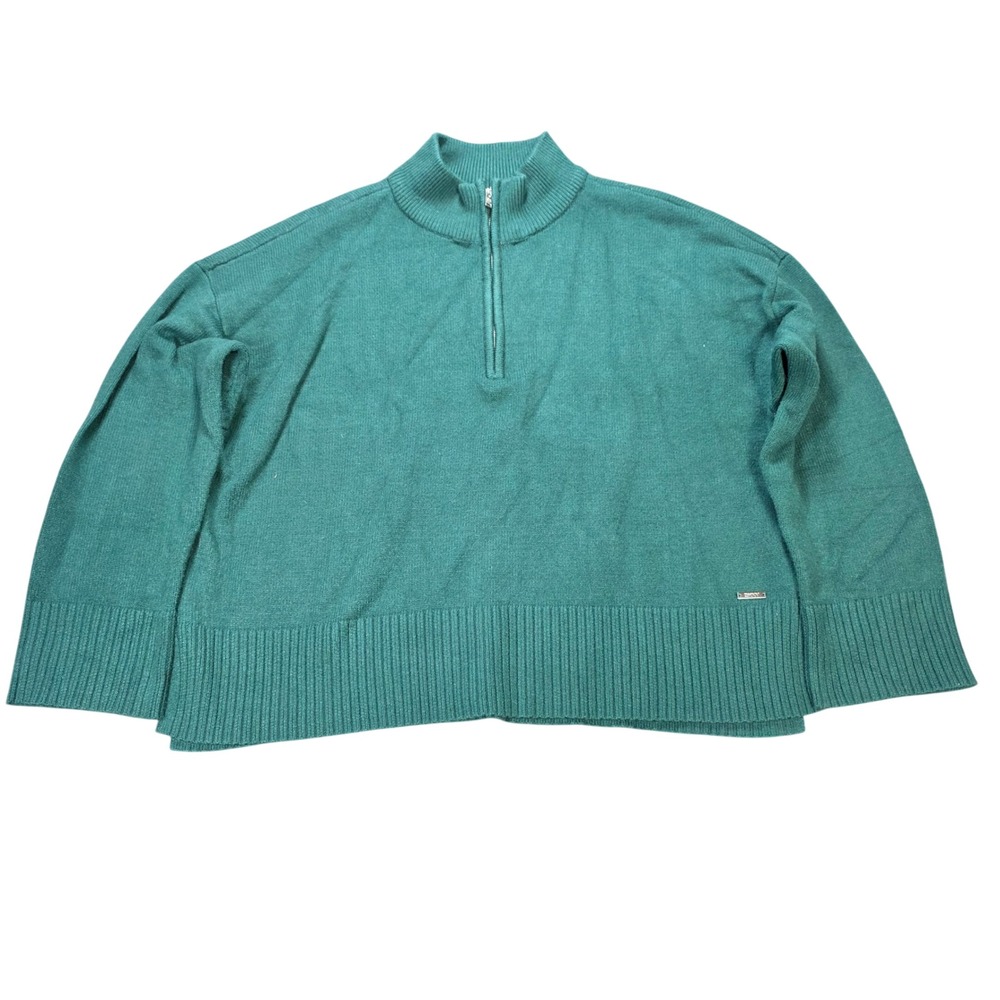 DKNY Quarter Zip Knit Sweater Women's Size XXL Teal Green Mock Neck Ribbed Hem